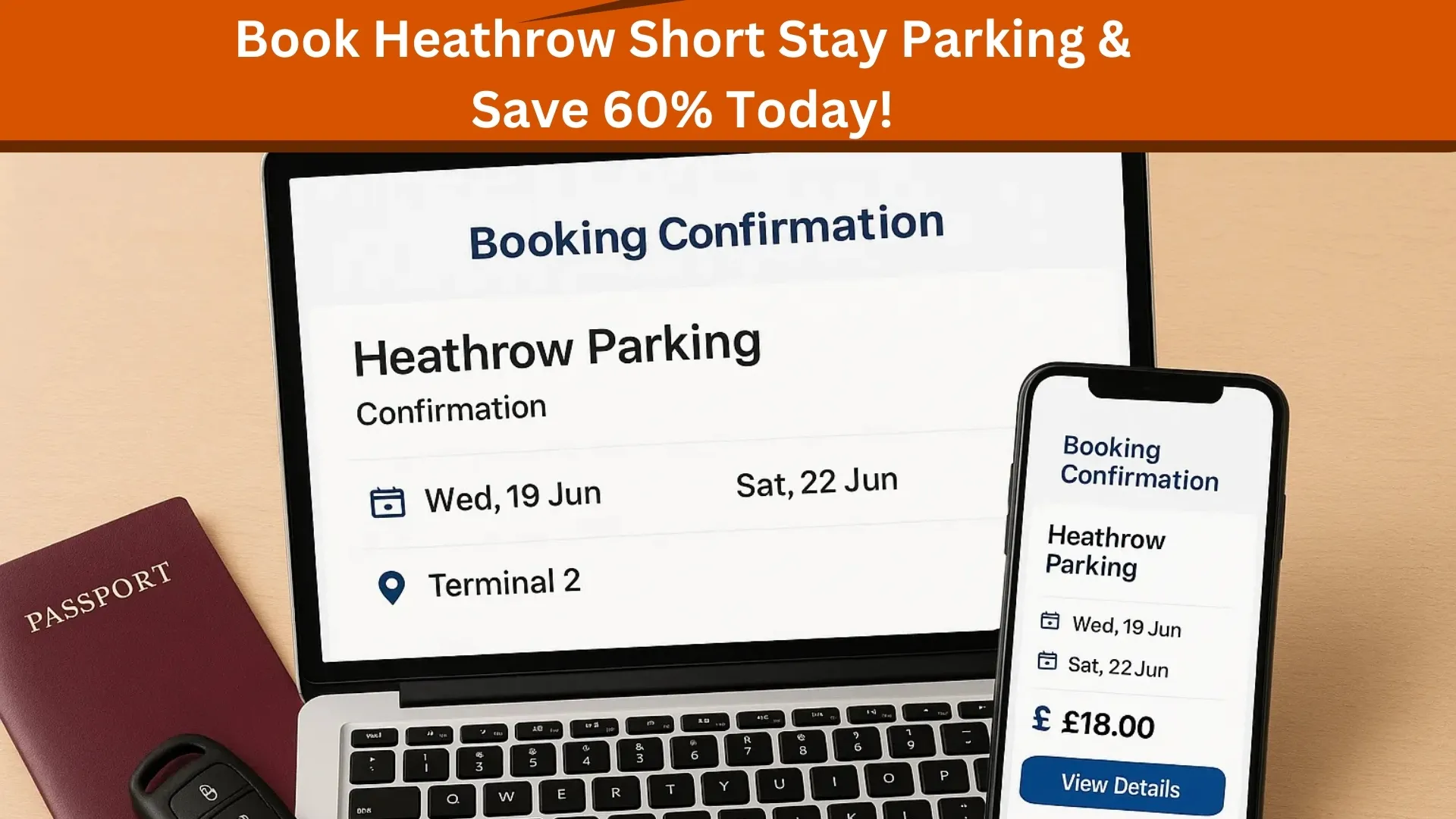 Heathrow parking booking confirmation displayed on laptop and smartphone.